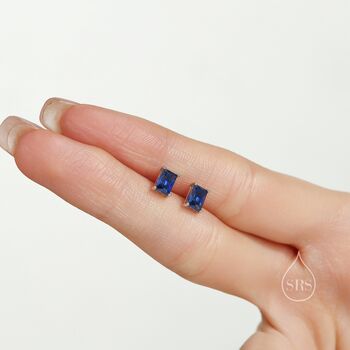 Sterling Silver Emerald Cut Sapphire Blue Cz Stud Earrings, 4 of 12