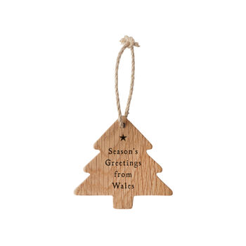 No Place Like Wales 'Season's Greetings From Wales' Oak Christmas Tree Hanger, 2 of 2
