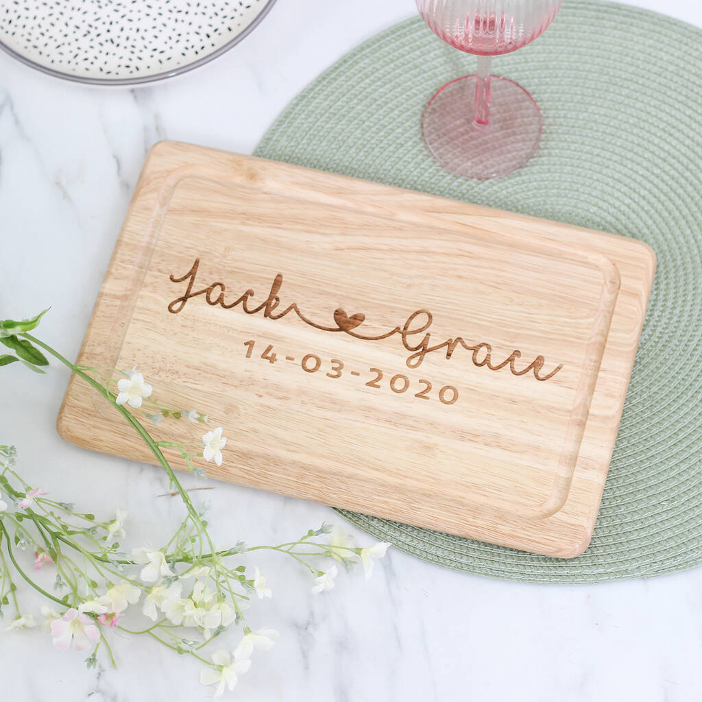 Personalised Couples Heart Wedding Gift Chopping Board, 1 of 3