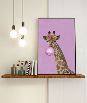 Pink Giraffe Bubble Gum Blowing Wall Art Print, 4 of 9