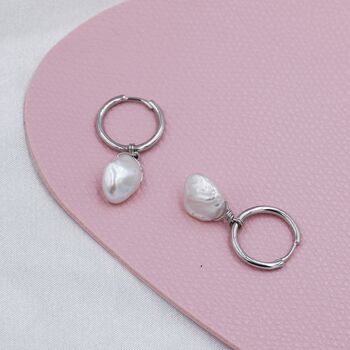 Sterling Silver Irregular Shaped Baroque Pearl Dangle Hoop Earrings, 2 of 12
