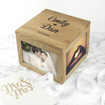 Personalised Couple's Heart Oak Photo Keepsake Box, 5 of 6