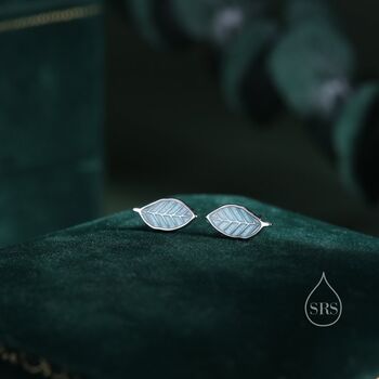 Enamel Beech Leaf Stud Earrings In Sterling Silver, 5 of 11
