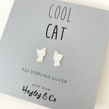 Cool Cat Black Or White Kitten Silver Stud Earrings, 7 of 9