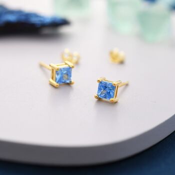 Princess Cut Aquamarine Blue Cz Stud Earrings, 7 of 12