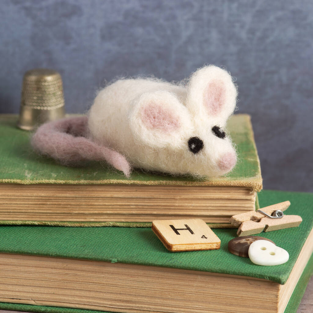 White Mouse Brooch Needle Felting Kit By Hawthorn Handmade