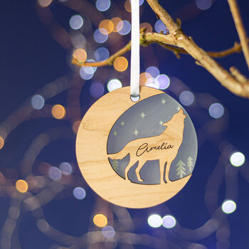 Starry Wolf Wood Personalised Christmas Decoration, 2 of 6