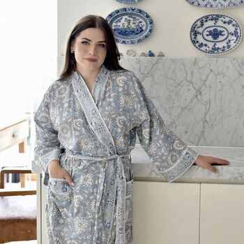 Block Printed Blue Cornflower Cotton Dressing Gown, 3 of 4