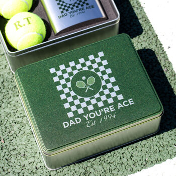 Personalised Checker Tennis Hip Flask And Balls Tin Gift For Dad, 3 of 5