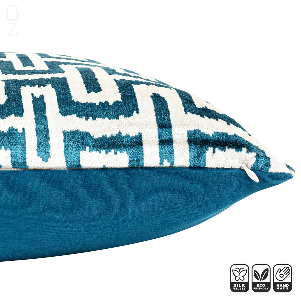 Blue Silk Ikat Velvet Geometric Cushion Cover with Black & Off White | Front side is 100% Silk retailer Velvet, Back side is Soft Blue Fabric