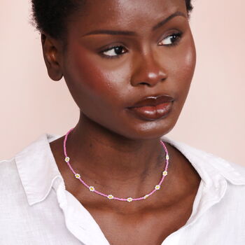 Stainless Steel Pink Beaded Flower Charm Necklace In Gold Plating, 3 of 4