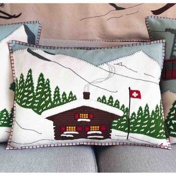 Hand Embroidered Alpine Chalet Cushion, 2 of 3