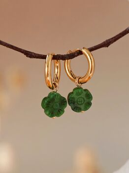 Botan Flower Natural Green Jade Huggie Hoop Earrings, 2 of 10