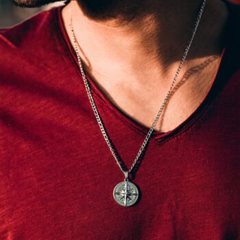 Mens Compass Necklace Steel Pendant With Chain, 2 of 12