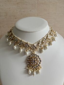 White Gold Kundan Pearl Set Necklace, Earrings And Tikka, 5 of 12