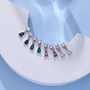 Sapphire Blue Cz Dangle Round Droplet Stud Earrings, 8 of 11