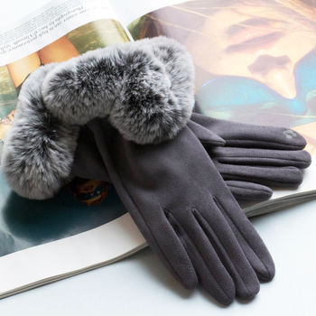Fluffy Faux Fur Wave Cuff Suede Effect Gloves, 2 of 12
