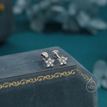 Tiny Flower Cz Internally Threaded Flat Back Earrings In Sterling Silver, 2 of 10
