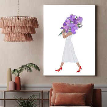 Custom Boho Dress Woman Holding Iris Flowers Print, 2 of 7