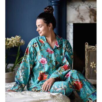 Ladies Teal Exotic Flower Print Cotton Pyjamas, 3 of 4
