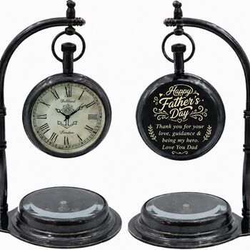 Engraved Vintage Black Desk Clock With Compass Base – Meaningful Father’s Day Gift For Him, 2 of 12