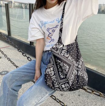 Black Paisley Lightweight Thin Cotton Tote Bag With Long Handles, 3 of 7