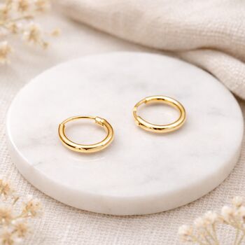 Mini Gold Plated Sterling Silver Huggie Sleeper Hoop Earrings – 10mm, 2 of 8