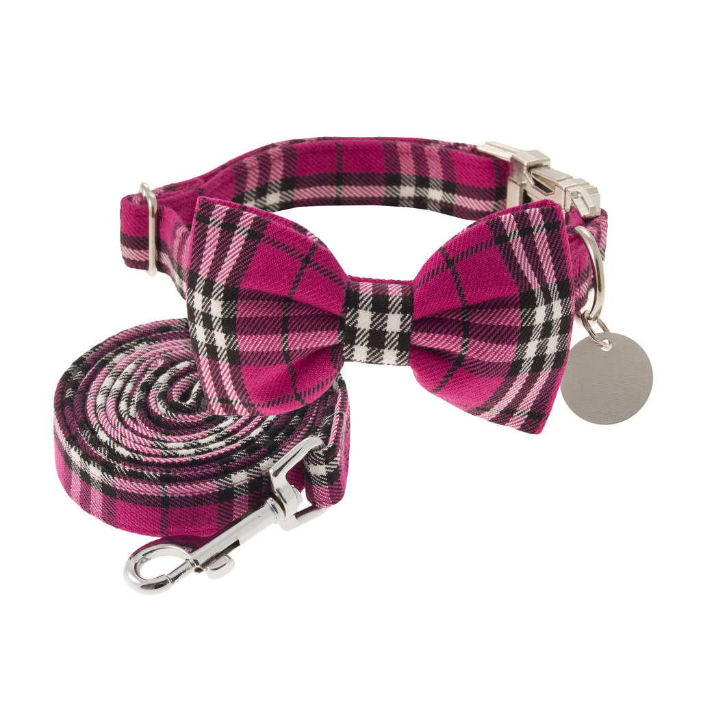 cerise pink plaid bow tie dog collar by dober & dasch