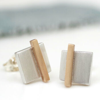 Geometric Earrings. Square Silver And 9ct Gold Studs, 5 of 11