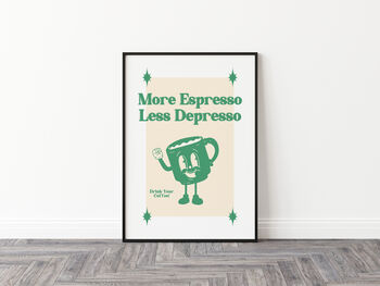 Retro Cartoon Coffee More Espresso Less Depresso Print, 6 of 10