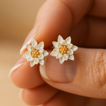 Sterling Silver July Birth Flower Lotus Water Lily Stud Earrings, 2 of 4