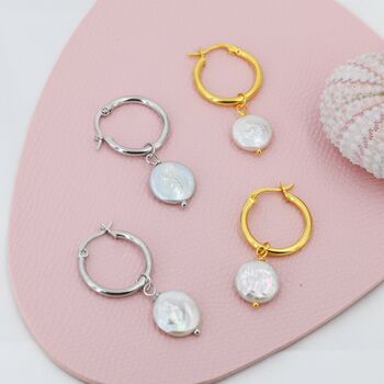 Sterling Silver Coin Baroque Pearl Dangle Creole Hoop Earrings, 3 of 12