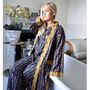 Block Printed Navy Blue, Mustard And Pink Lily Cotton Dressing Gown, thumbnail 4 of 8