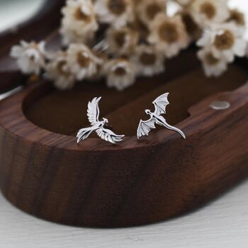 Extra Tiny Mismatched Dragon And Phoenix Stud Earrings In Sterling Silver, 4 of 12