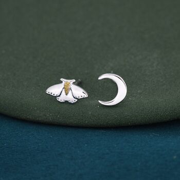Sterling Silver Moth And Moon Stud Earrings, 5 of 9