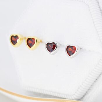 Tiny Garnet Red Cz Heart Stud Earrings, 7 of 12