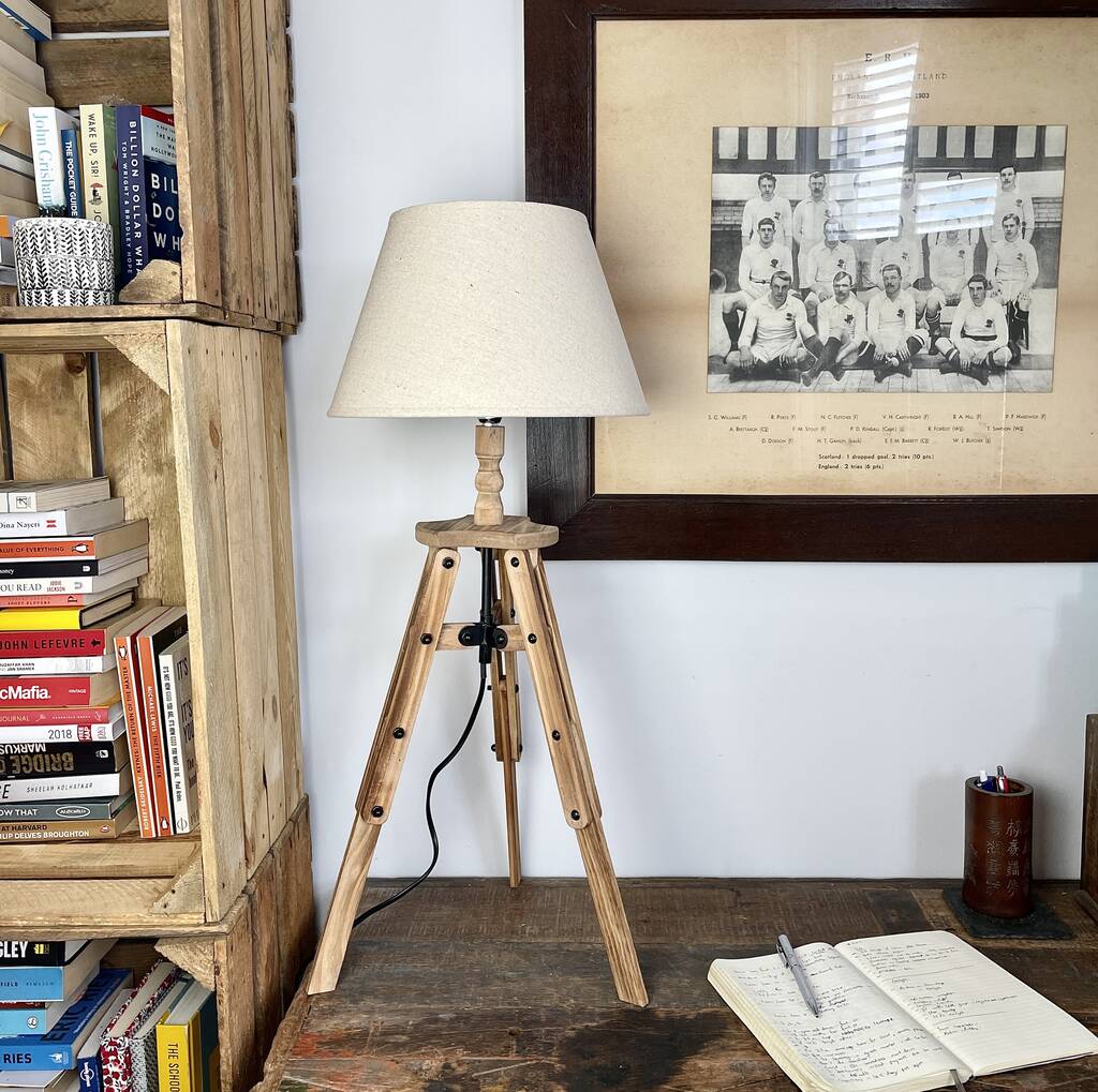 Wooden Tripod Lamp With Linen Shade, 1 of 5