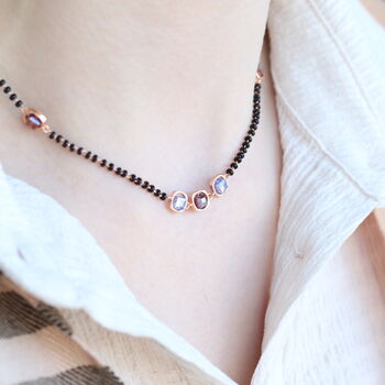 Black Bead 18ct Gold Plated Blue Stone Slim Mangalsutra Necklace, 2 of 10