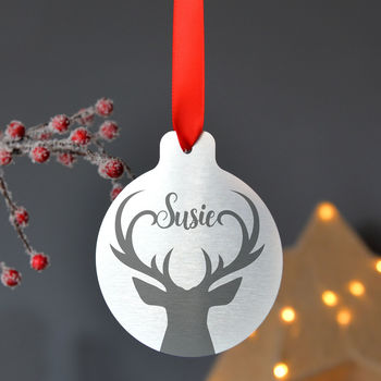 Personalised Silver Or Gold Metal Stag Christmas Bauble, 2 of 4