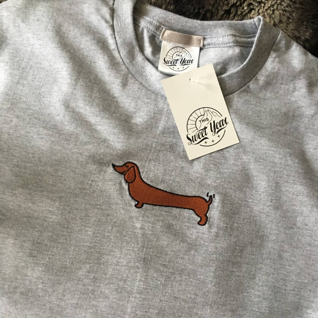 embroidered unisex sausage dog t shirt by this sweet year
