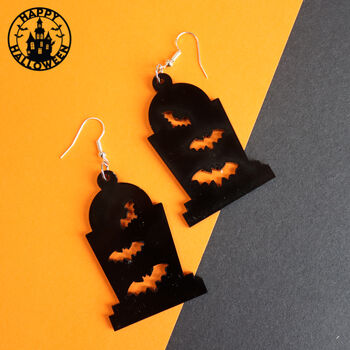 Bat Tombstone Halloween Earrings, 5 of 8