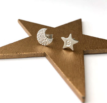 Sterling Silver Moon And Initial Star Earrings, 2 of 12