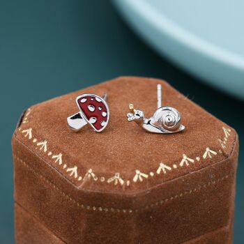 Sterling Silver Mismatched Snail And Mushroom Stud Earrings, 3 of 12