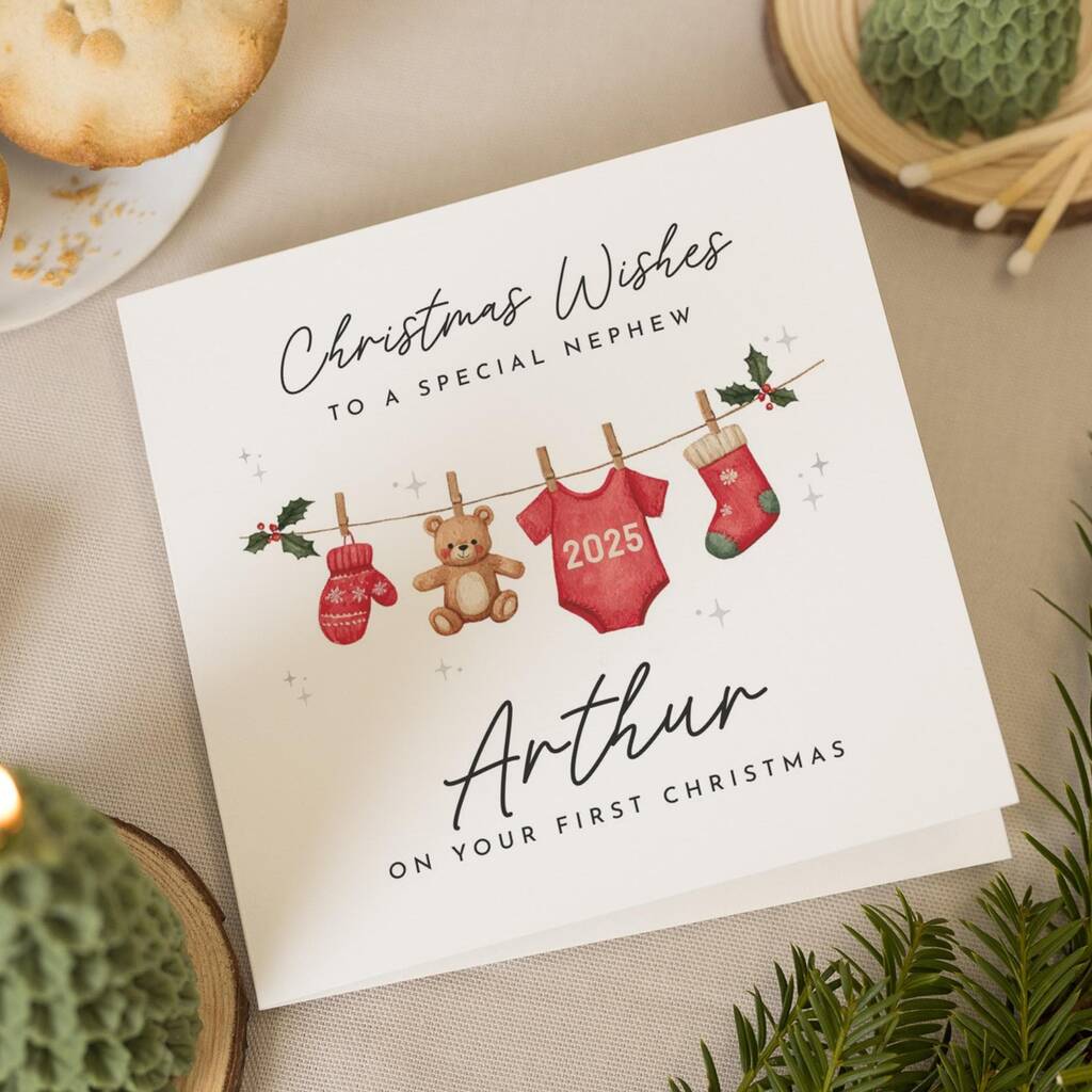 Personalised Teddy Bear First Christmas Card For Nephew, 1 of 7