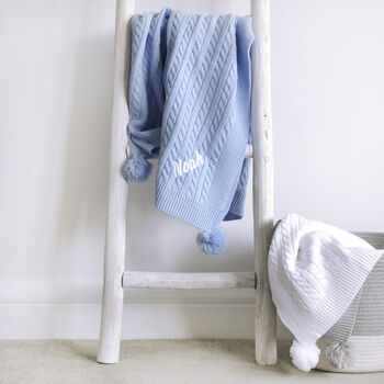Personalised Cable Knit Pom Pom Blanket Baby Blue, 3 of 9
