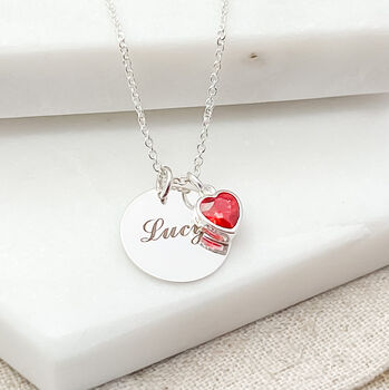 Engraved Necklace With Birthstone Heart Charm, 6 of 7