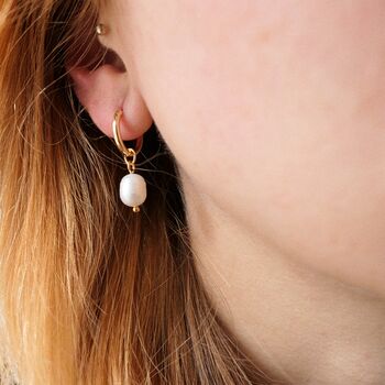 Thin Gold Hoop Earrings With Chunky Real Pearl Charms, 4 of 4