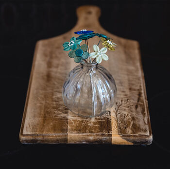 Teal And Turquoise Glass Flowers With Cut Glass Vase, 2 of 10