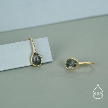 Sterling Silver Moss Agate Pear Drop Earrings, 3 of 12