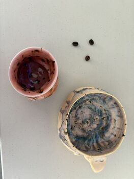 Handmade Porcelain Espresso Cup And Saucer Blush Pink And Cream With Drip Glaze, 5 of 6